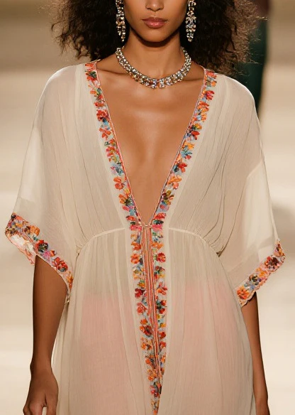Style Apricot V Neck Floral Cotton Vacation Dresses Summer - Image 2