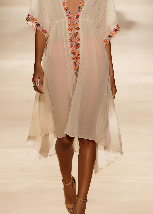 Style Apricot V Neck Floral Cotton Vacation Dresses Summer - Image 3