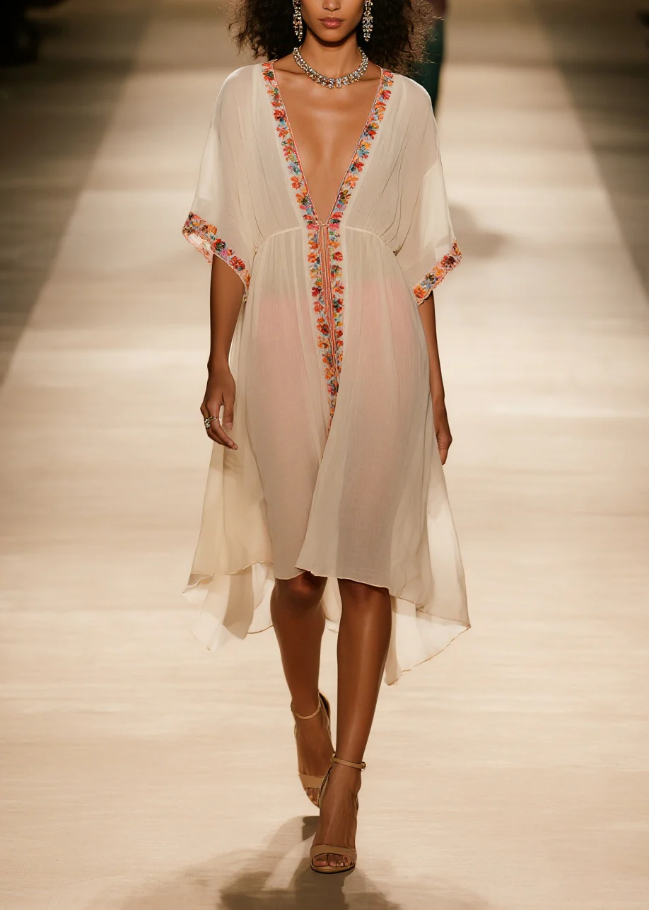 Style Apricot V Neck Floral Cotton Vacation Dresses Summer - Image 4