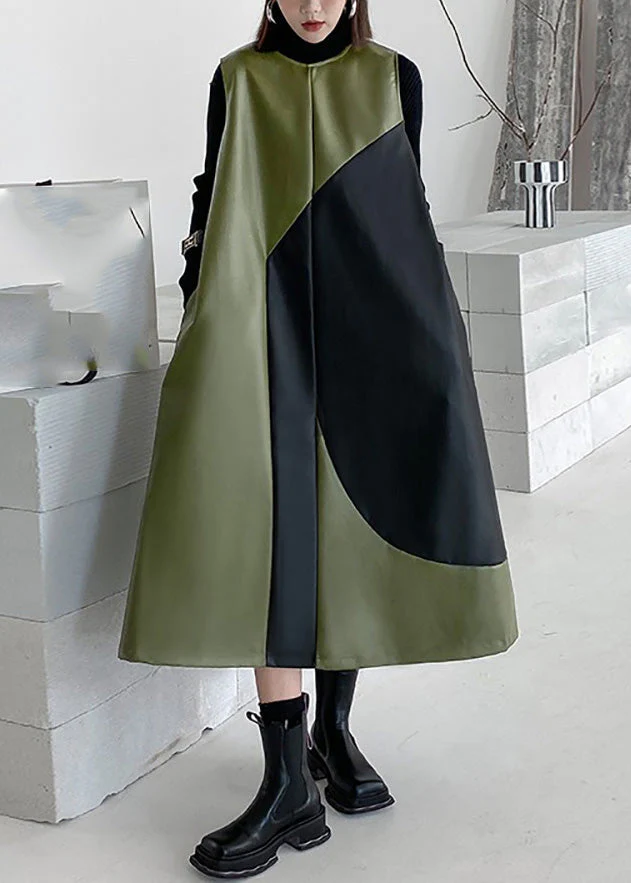 Style Army Green O-Neck Patchwork Zippered Party Long Waistcoat Dress Spring - Image 2