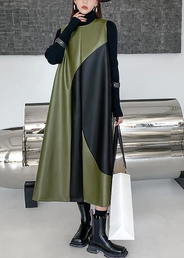 Style Army Green O-Neck Patchwork Zippered Party Long Waistcoat Dress Spring - Image 3