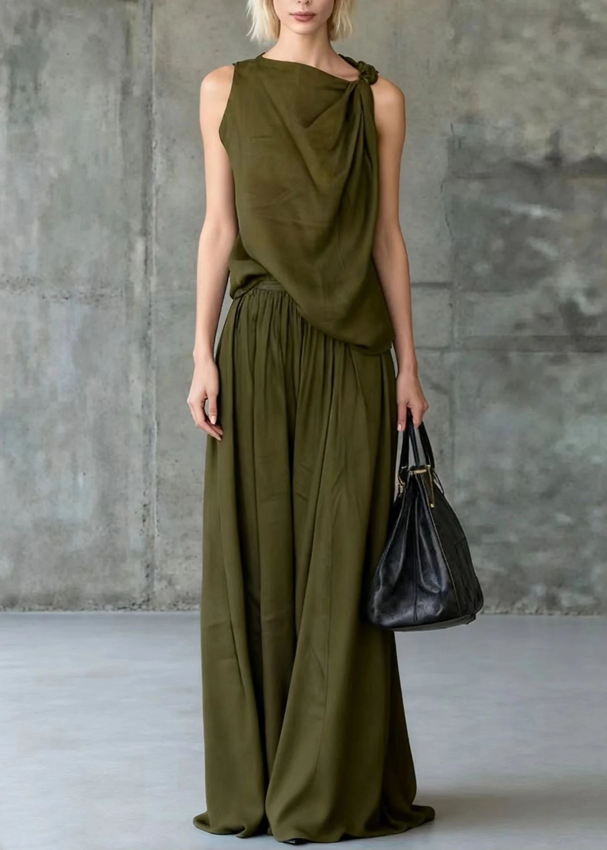 Style Army Green One Shoulder Knotted Cotton Two Piece Set Sleeveless - Image 3