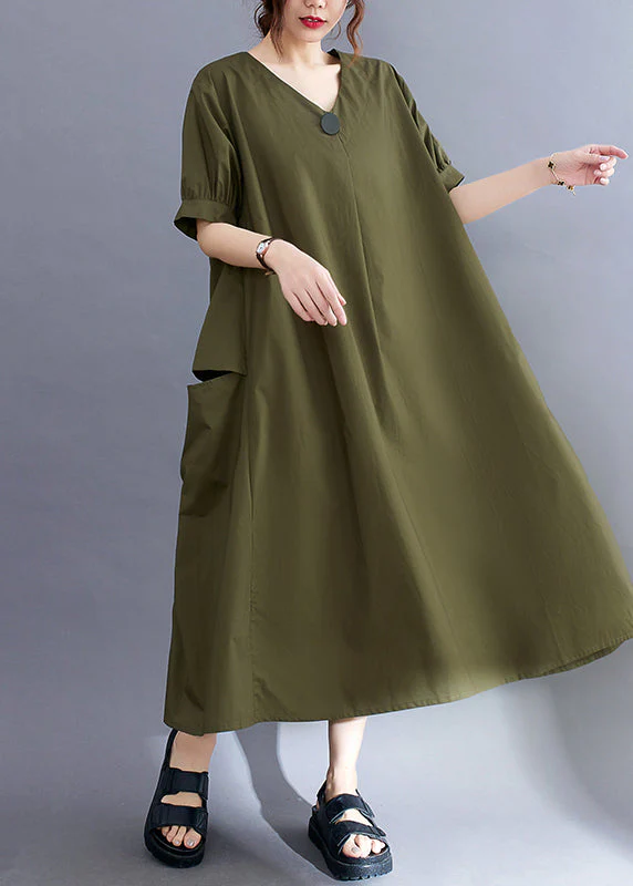 Style Army Green V Neck Pockets Cotton Long Dresses Summer - Image 2