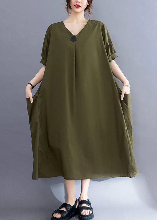 Style Army Green V Neck Pockets Cotton Long Dresses Summer - Image 3