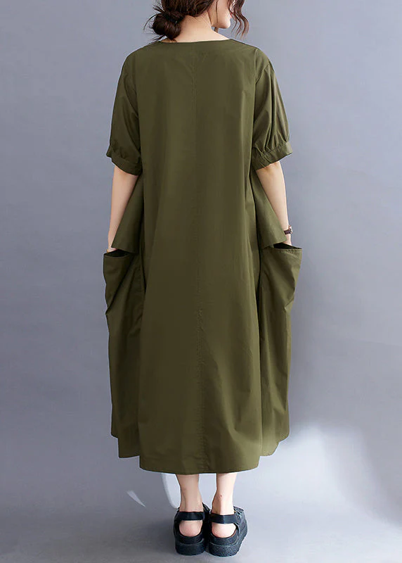 Style Army Green V Neck Pockets Cotton Long Dresses Summer - Image 4