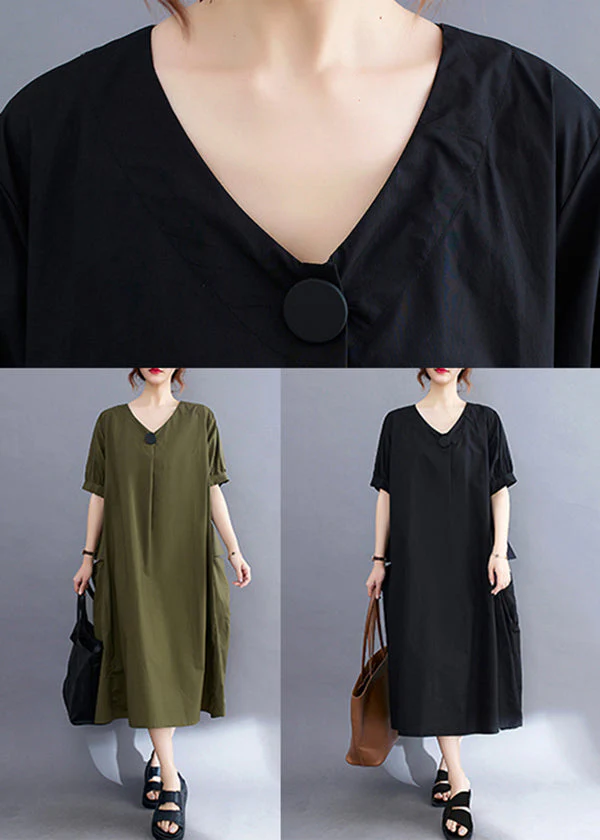Style Army Green V Neck Pockets Cotton Long Dresses Summer - Image 5