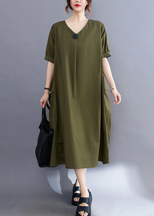 Style Army Green V Neck Pockets Cotton Maxi Dress Summer - Image 2