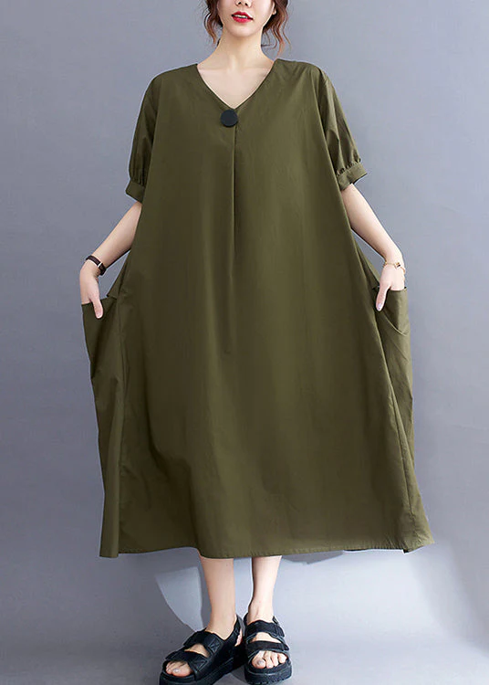 Style Army Green V Neck Pockets Cotton Maxi Dress Summer - Image 3