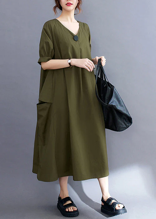 Style Army Green V Neck Pockets Cotton Maxi Dress Summer - Image 4
