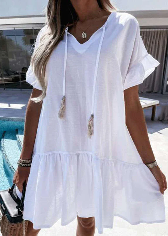 Style Baby Blue V Neck Patchwork Vacation Mid Dresses Summer - Image 2