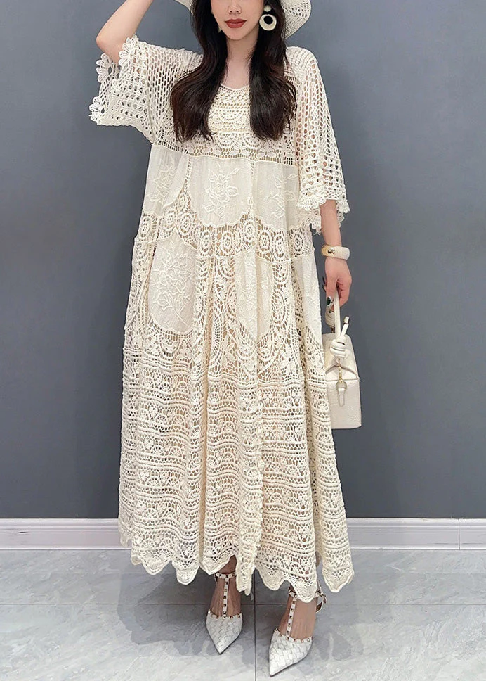 Style Beige O Neck Hollow Out Patchwork Lace Dress Summer - Image 2
