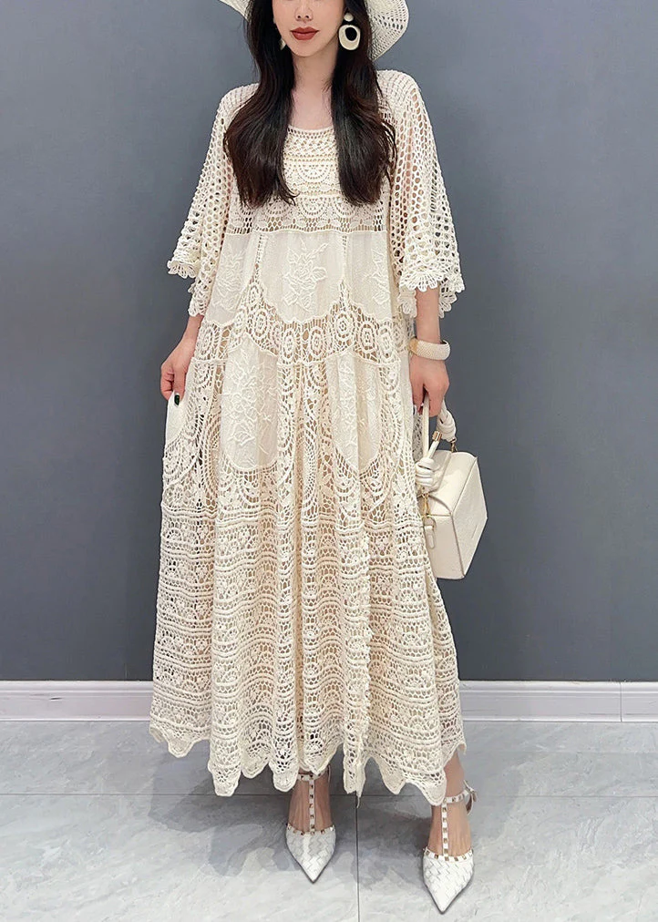 Style Beige O Neck Hollow Out Patchwork Lace Dress Summer - Image 3