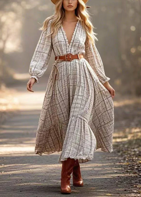 Style Beige Print Exra Large Hem Linen Tunic Dresses Spring - Image 3