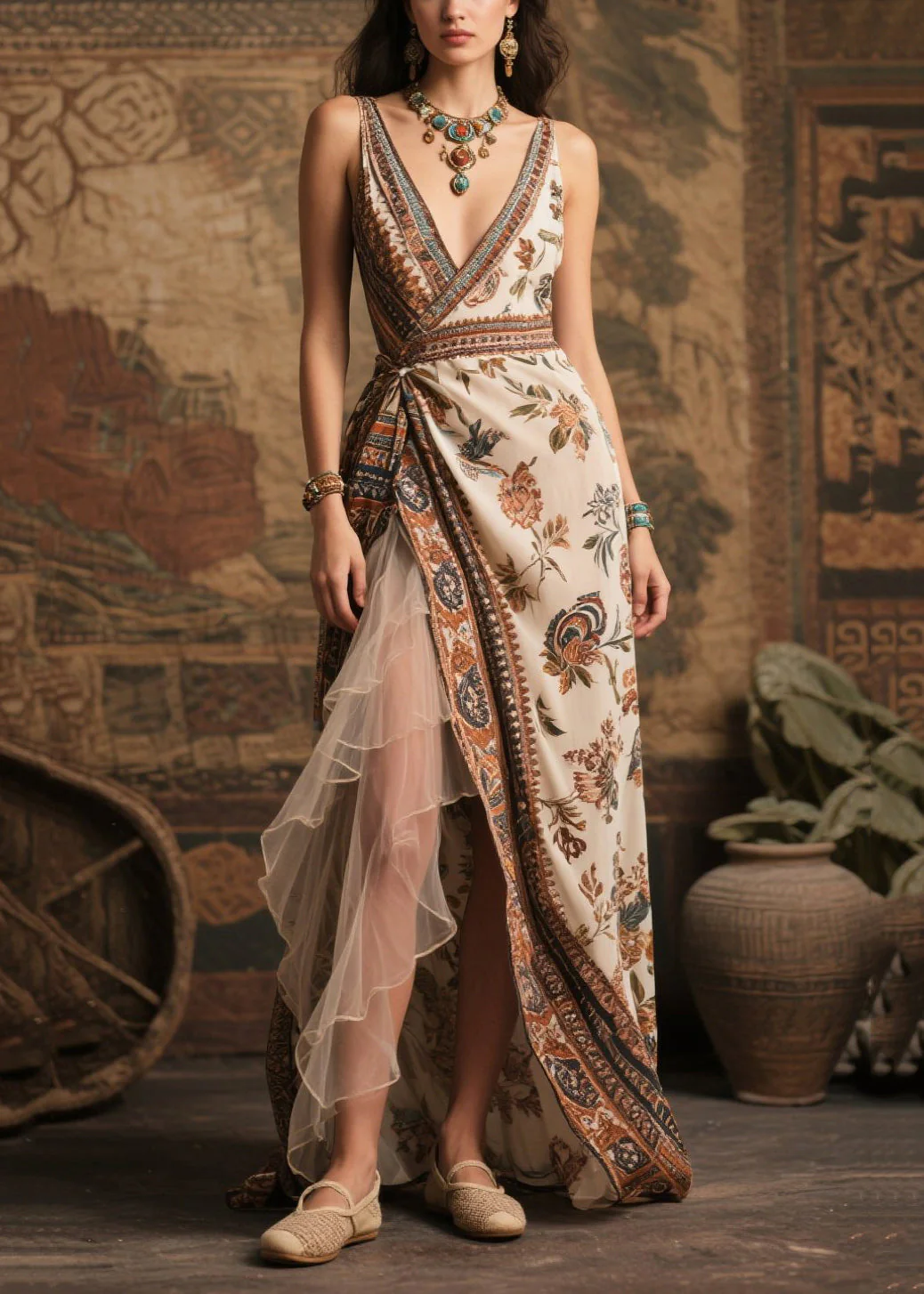 Style Beige Print Side Open Chiffon Beach Dress Summer - Image 3
