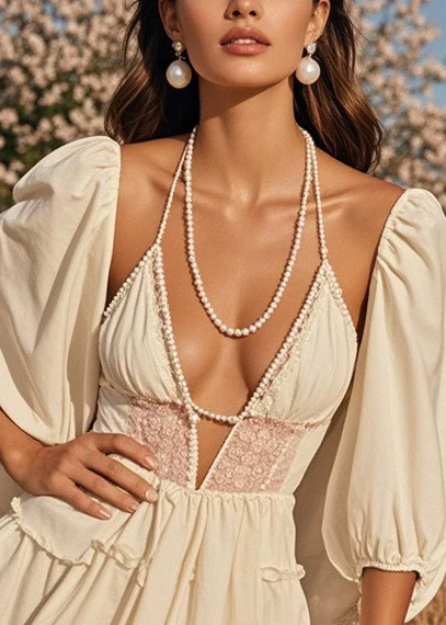 Style Beige Ruffled Patchwork Fine Pearl Cotton Two Pieces Set Summer - Image 2
