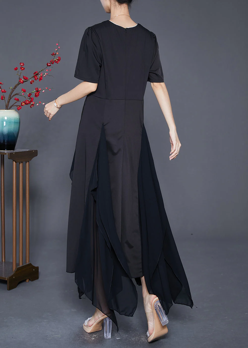 Style Black Asymmetrical Patchwork Exra Large Hem Chiffon Dress Summer - Image 4