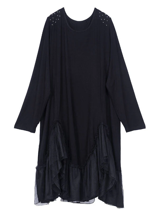 Style Black Asymmetrical Patchwork Ruffles Cotton Maxi Dresses Spring - Image 5