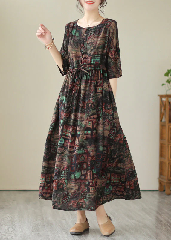 Style Black Cinched Print Linen Maxi Dresses Summer - Image 3