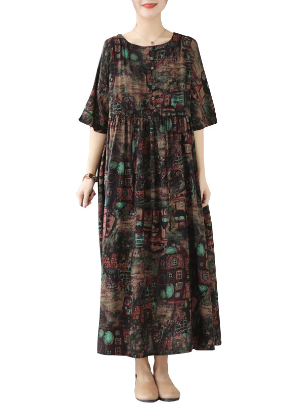 Style Black Cinched Print Linen Maxi Dresses Summer - Image 5
