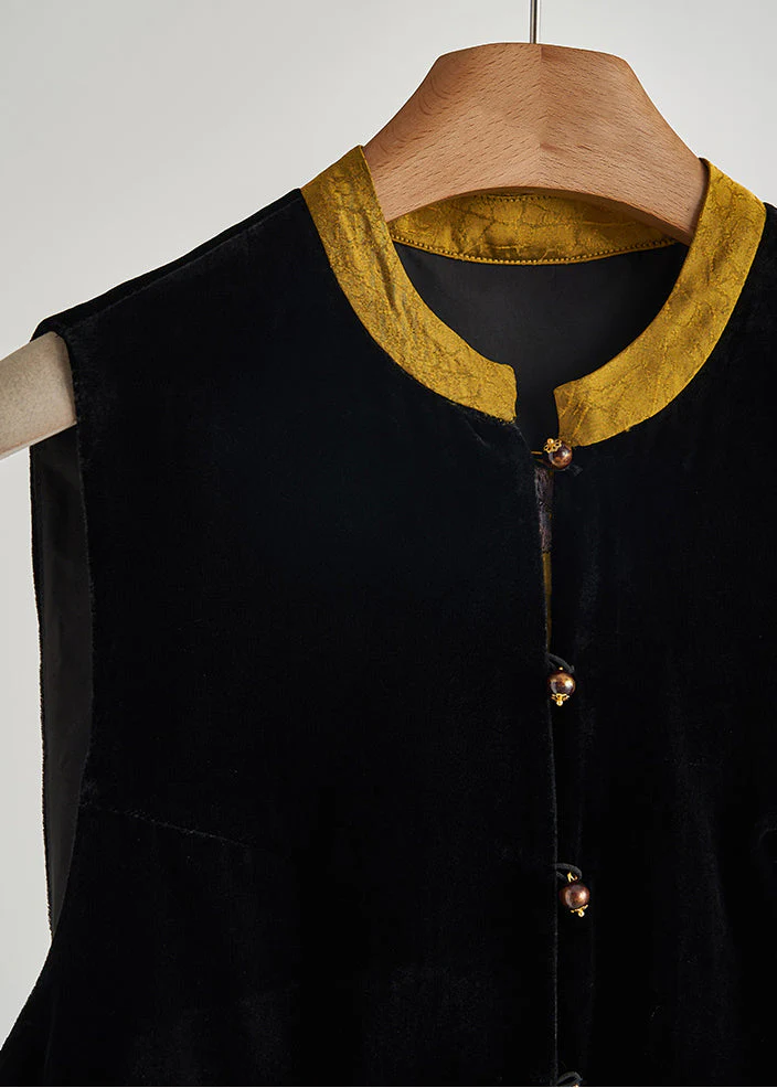Style Black Embroidered Patchwork Silk Velour Vests Sleeveless - Image 3