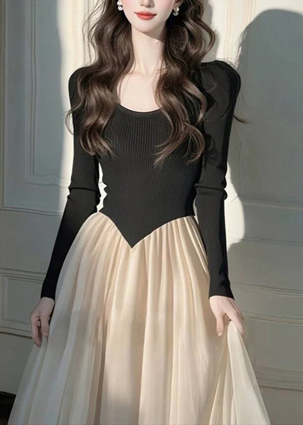 Style Black Long Dress Wrinkled Patchwork Long Knit Dress Long Sleeve