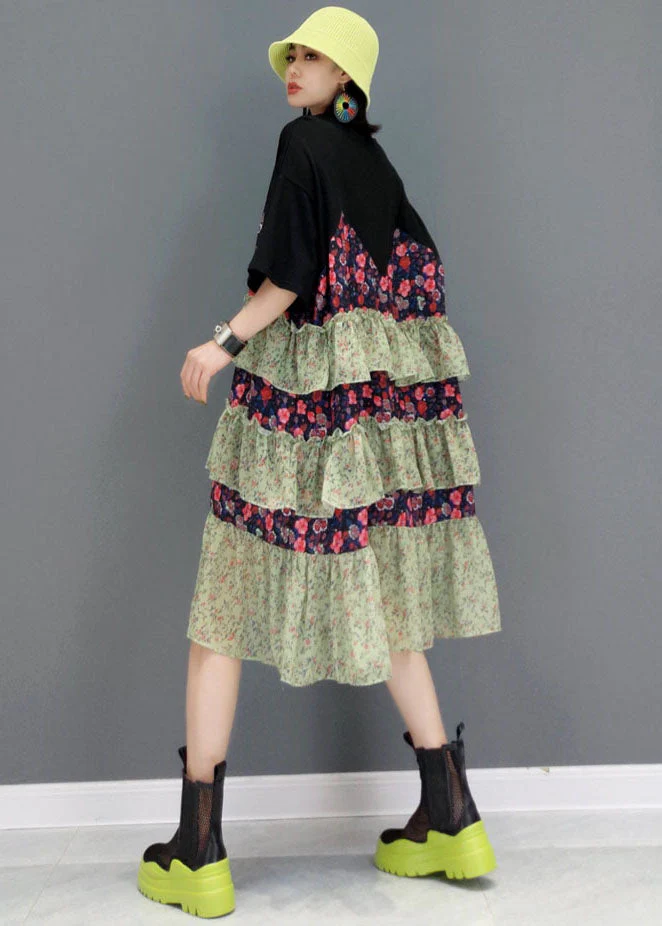 Style Black O-Neck Layered Patchwork Ruffles Cotton Robe Dresses Short Sleeve - Image 5