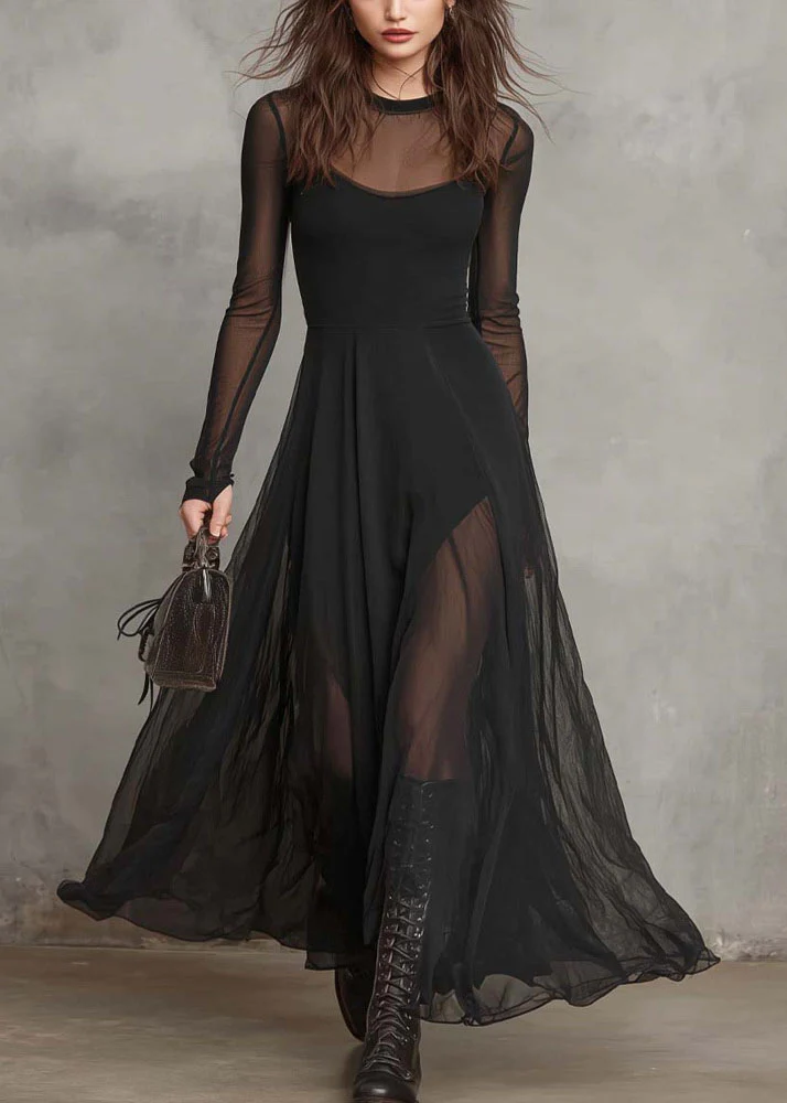 Style Black O Neck Patchwork Exra Large Hem Chiffon Dress Summer