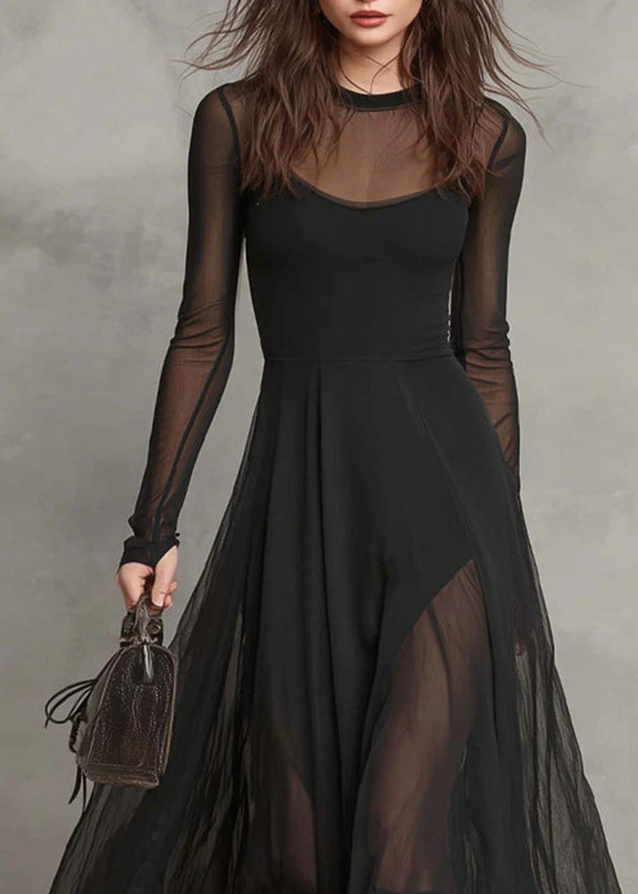 Style Black O Neck Patchwork Exra Large Hem Chiffon Dress Summer - Image 2