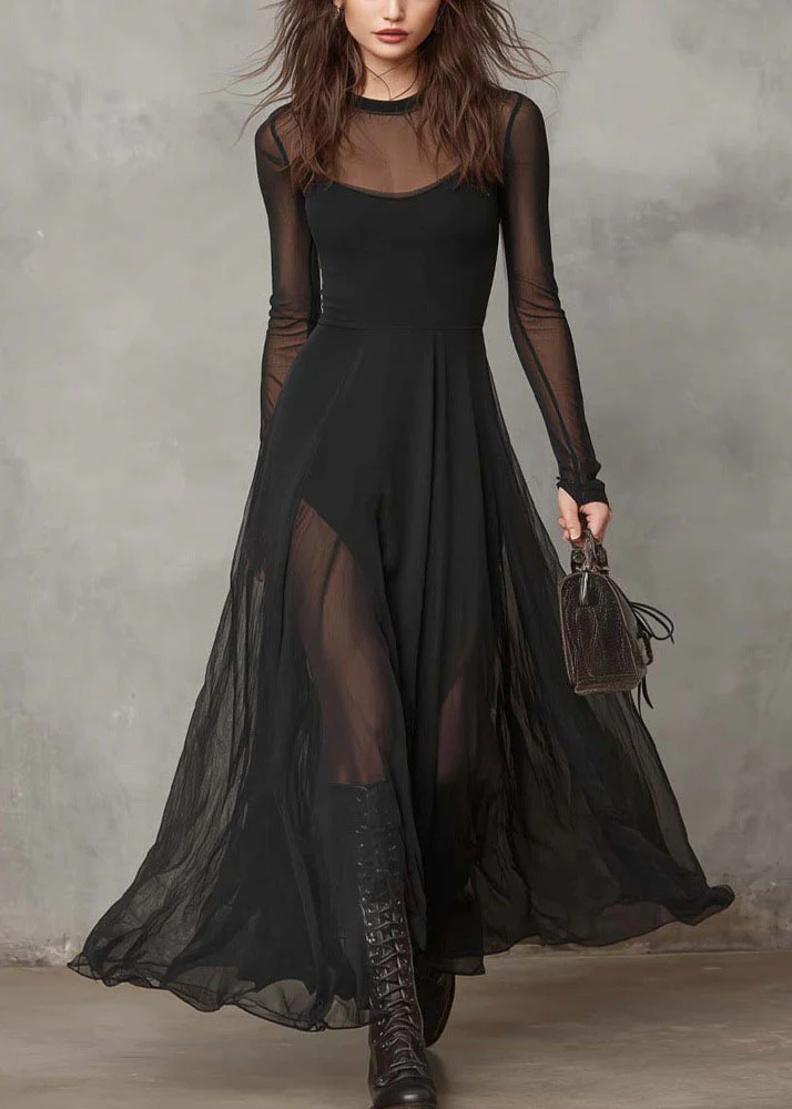 Style Black O Neck Patchwork Exra Large Hem Chiffon Dress Summer - Image 3