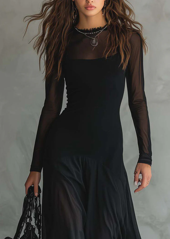 Style Black O Neck Patchwork Exra Large Hem Chiffon Dress Summer - Image 4