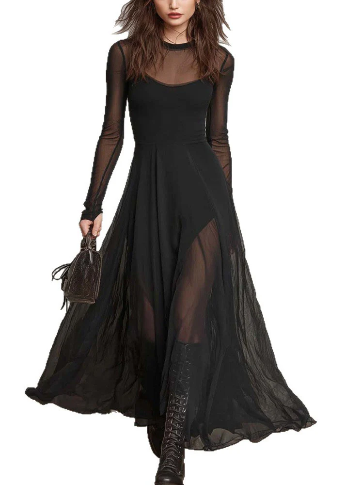 Style Black O Neck Patchwork Exra Large Hem Chiffon Dress Summer - Image 5