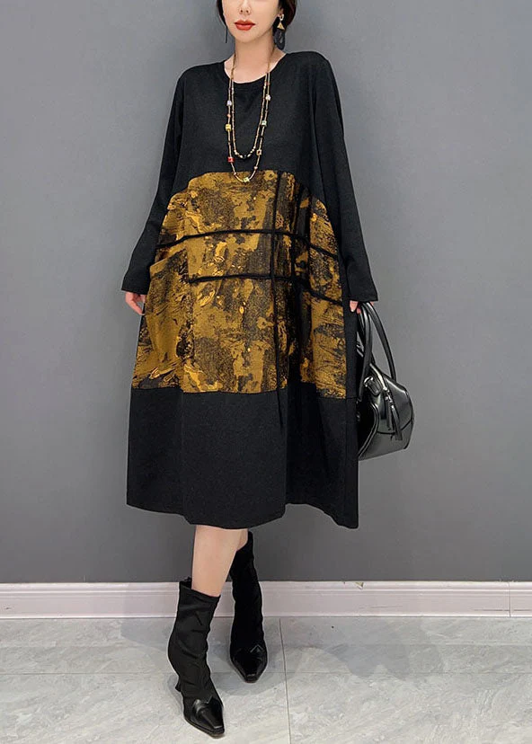 Style Black O-Neck Patchwork Print Cotton Maxi Dress Spring - Image 2