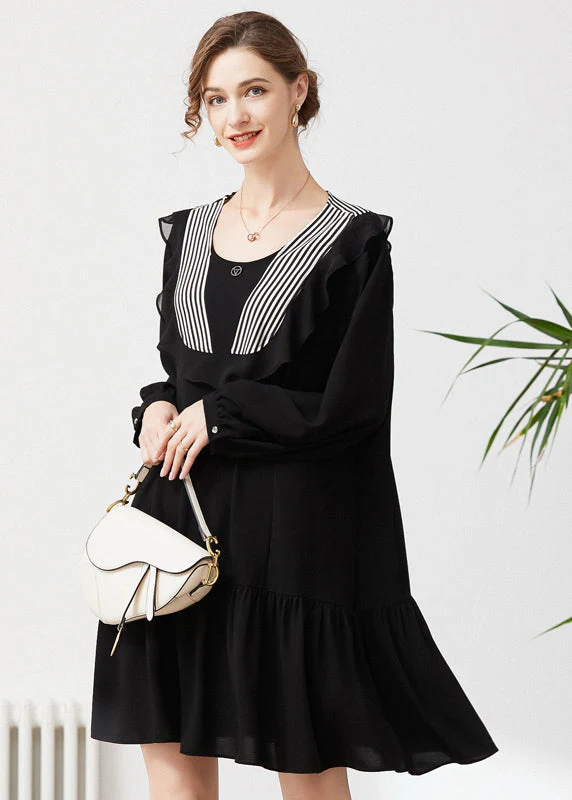 Style Black O-Neck Patchwork Ruffles Chiffon Party Dress Spring - Image 2