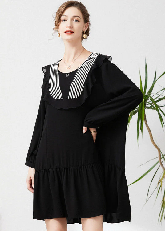 Style Black O-Neck Patchwork Ruffles Chiffon Party Dress Spring - Image 3