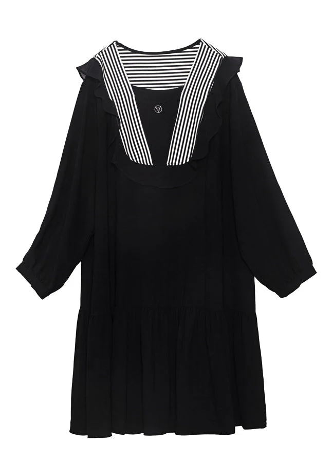 Style Black O-Neck Patchwork Ruffles Chiffon Party Dress Spring - Image 5