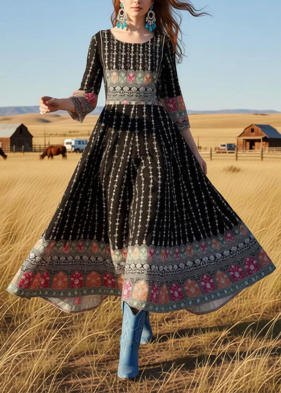 Style Black O Neck Print Exra Large Hem Cotton Maxi Dresses Summer - Image 3