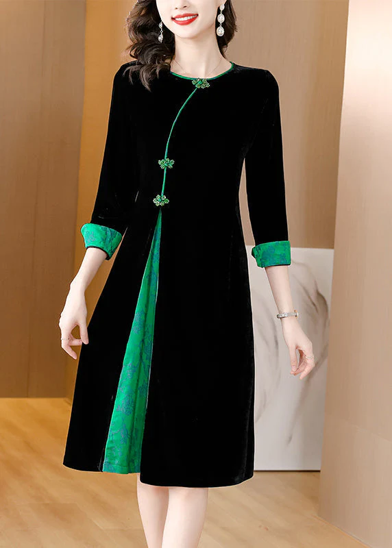 Style Black O-Neck Print Patchwork Button Silk Velour Maxi Dresses Fall - Image 2