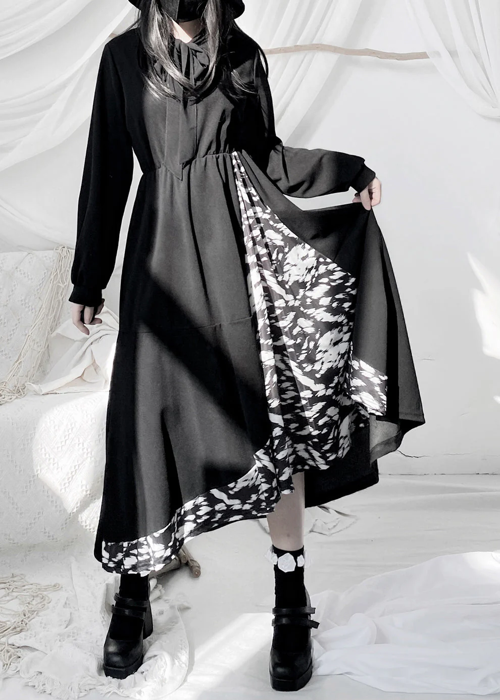 Style Black O-Neck Print Patchwork High Waist Long Dresses Fall - Image 2