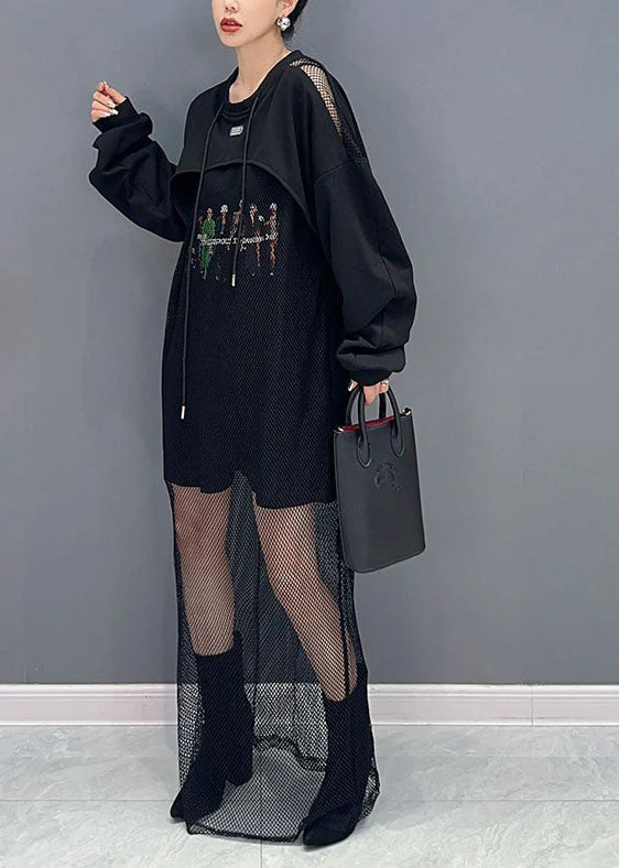 Style Black O-Neck Print Tulle Patchwork Fake Two Pieces Long Dresses Fall - Image 3