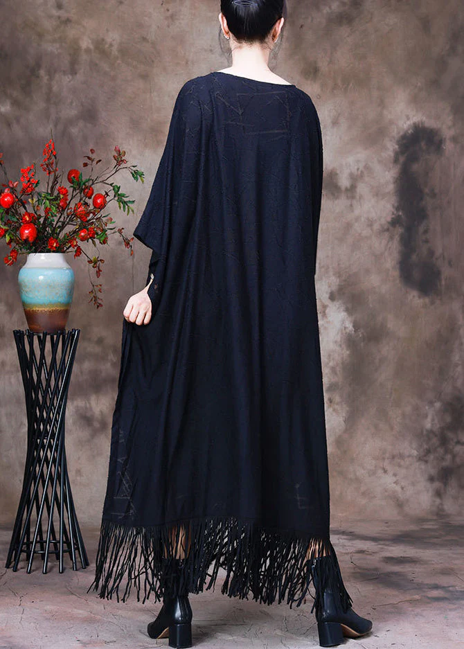Style Black O-Neck Tassel Maxi Dress Long Sleeve - Image 4