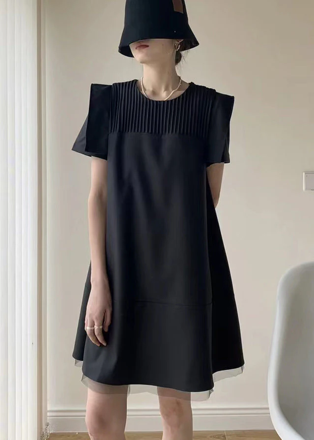 Style Black O Neck Wrinkled Patchwork Cotton Mid Dresses Summer - Image 2
