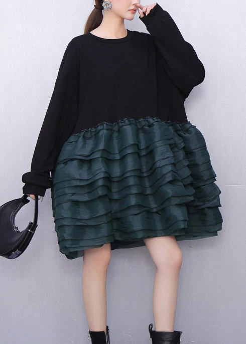Style Black Oversized Patchwork Cotton Mid Dress Spring