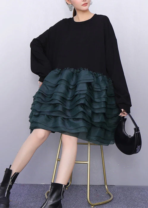 Style Black Oversized Patchwork Cotton Mid Dress Spring - Image 2