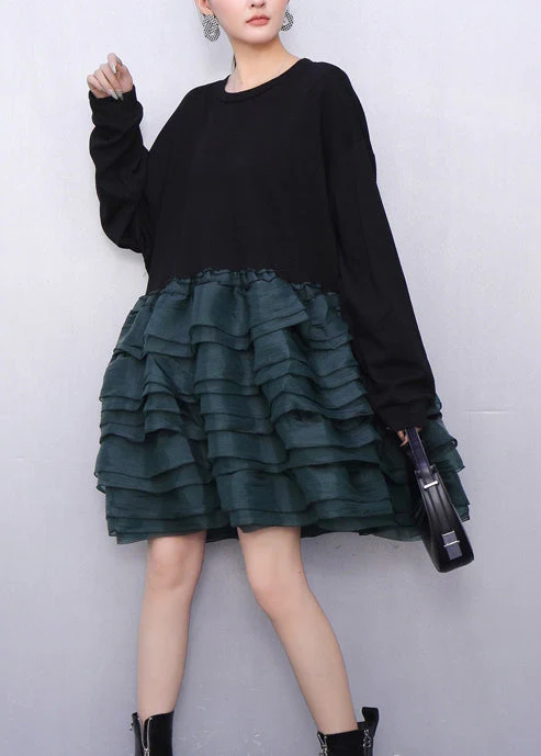 Style Black Oversized Patchwork Cotton Mid Dress Spring - Image 3