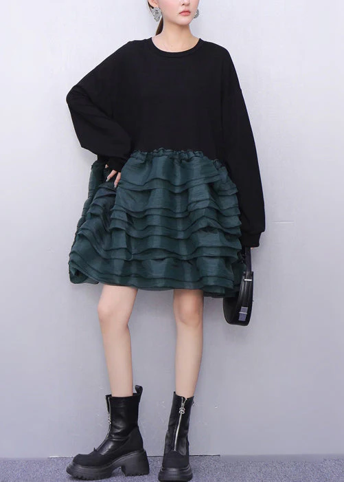 Style Black Oversized Patchwork Cotton Mid Dress Spring - Image 4