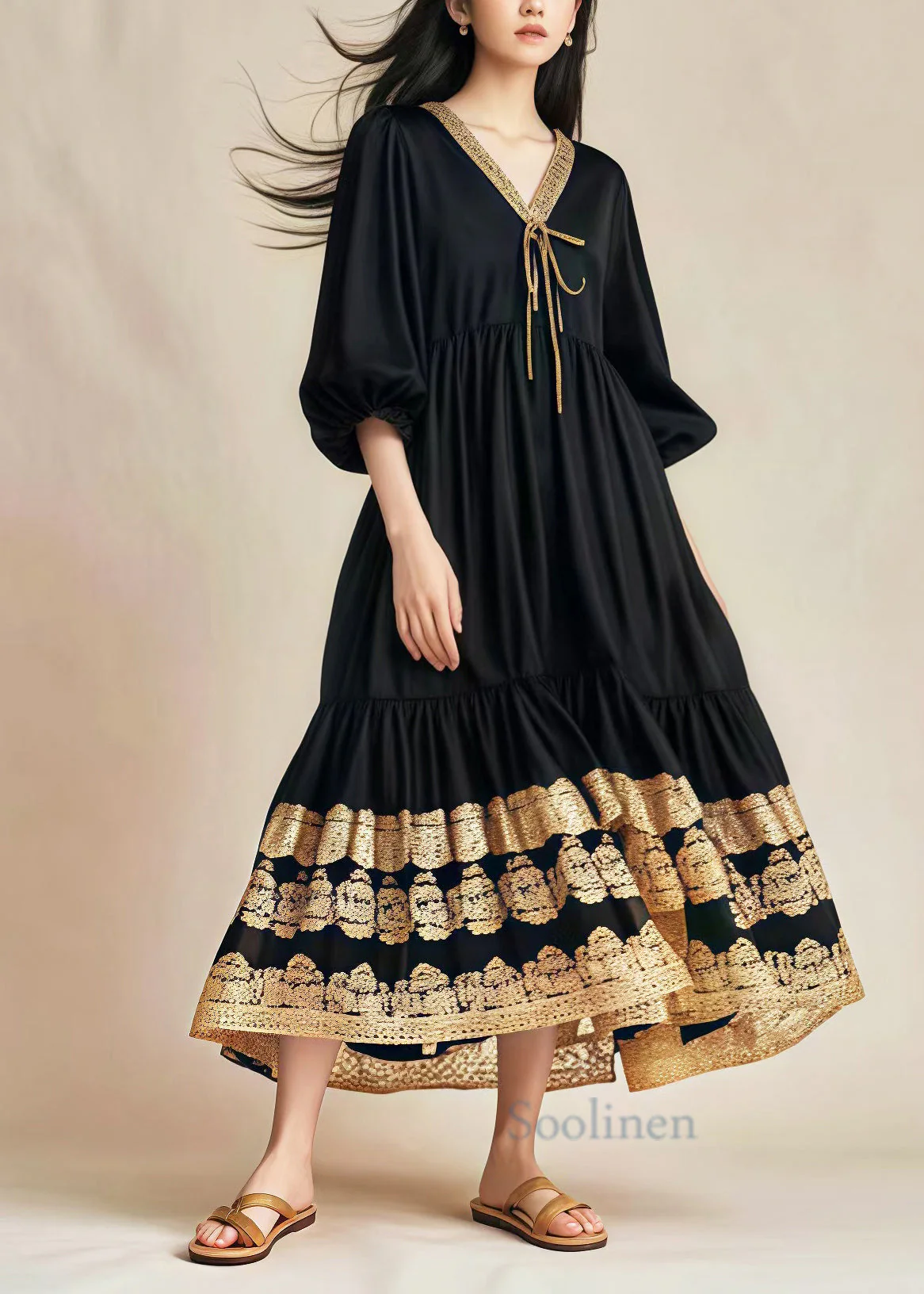 Style Black Oversized Patchwork Lace Cotton Holiday Dress Spring - Image 2