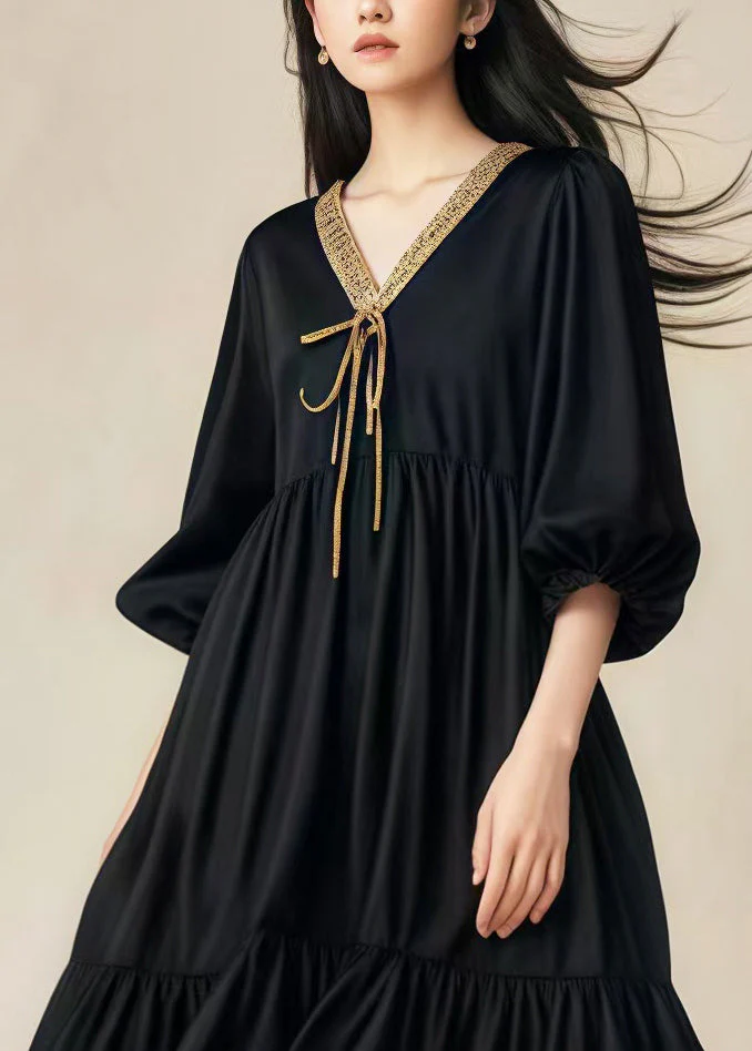 Style Black Oversized Patchwork Lace Cotton Holiday Dress Spring - Image 3
