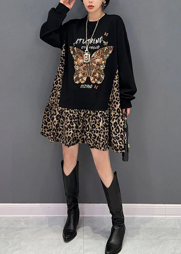 Style Black Oversized Patchwork Leopard Cotton Sweatshirt Dress Spring - Image 2