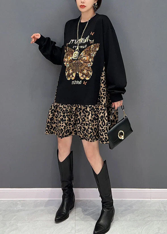 Style Black Oversized Patchwork Leopard Cotton Sweatshirt Dress Spring - Image 3