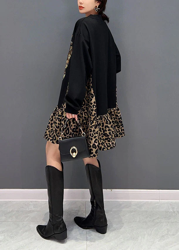 Style Black Oversized Patchwork Leopard Cotton Sweatshirt Dress Spring - Image 4